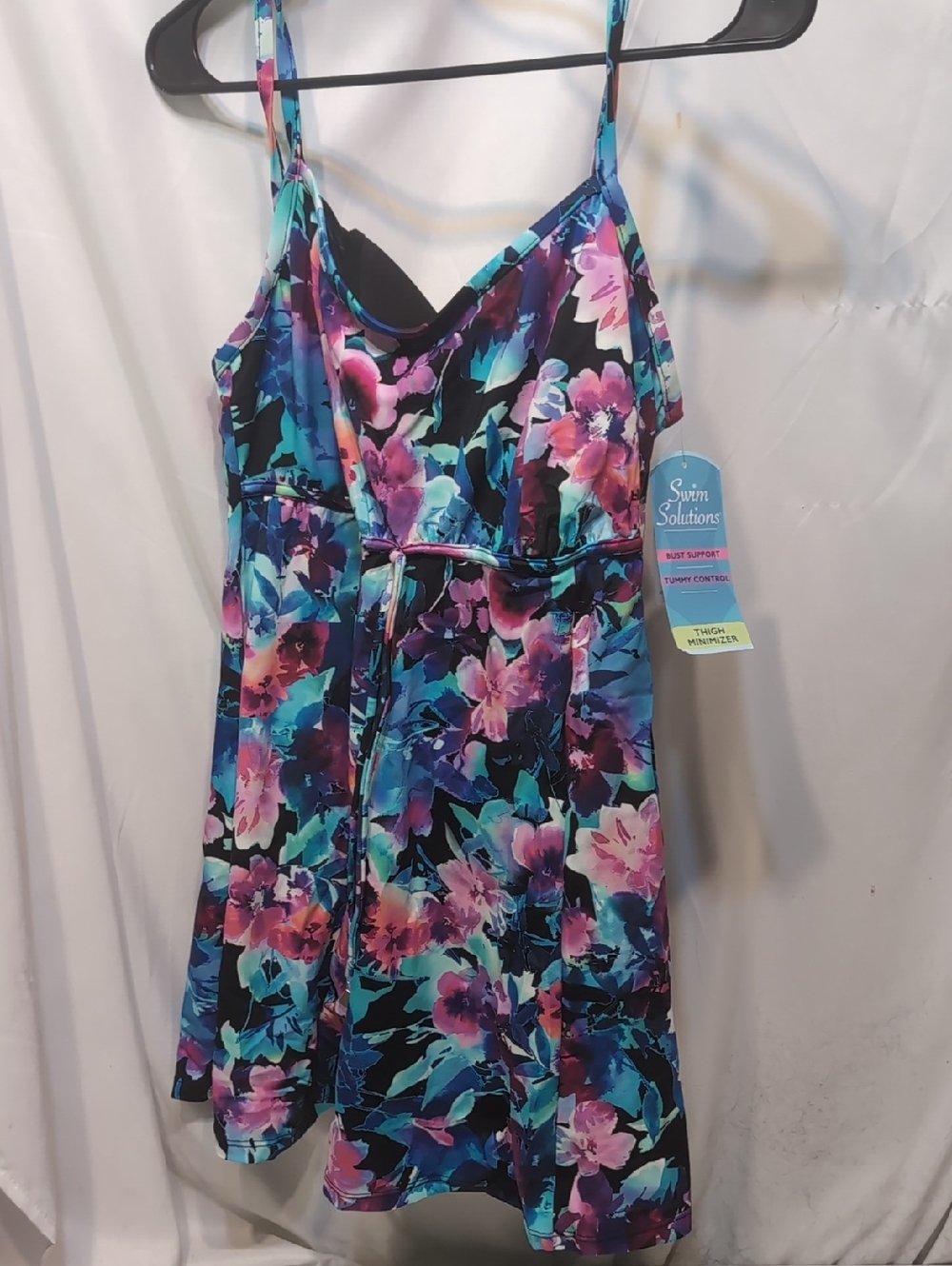 Swim Solutions 1 Piece Swimsuit Blue with Pink and Yellow Accents Size 18 NWT